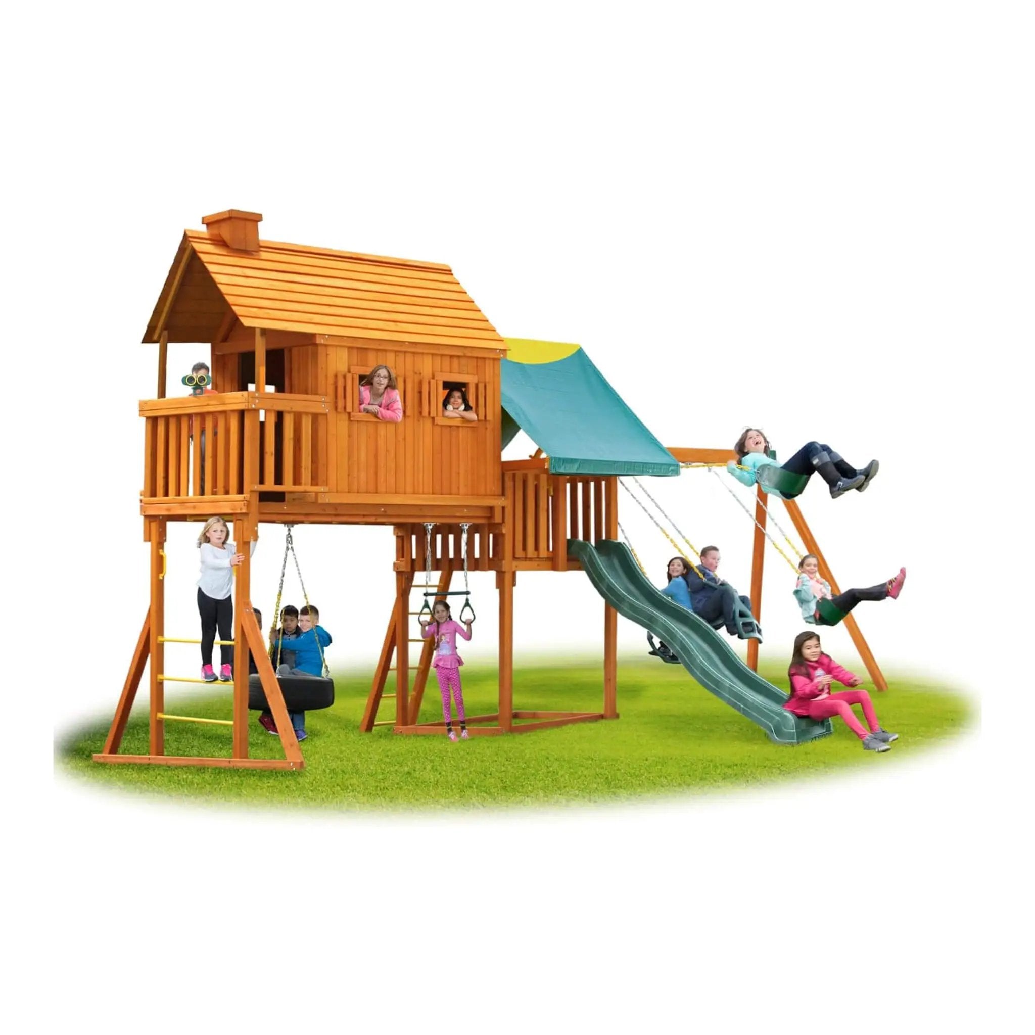 Premium Cedar Wood Tree House Swing Set With Built-In Covered Porch, Chimney, Monkey Bars And Slide (SAK18427) by SAKSBY WHOLESALE