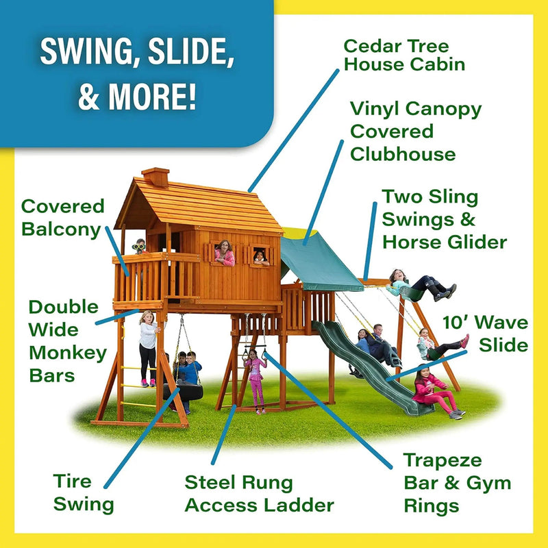 Premium Cedar Wood Tree House Swing Set With Built-In Covered Porch, Chimney, Monkey Bars And Slide (SAK18427) by SAKSBY WHOLESALE