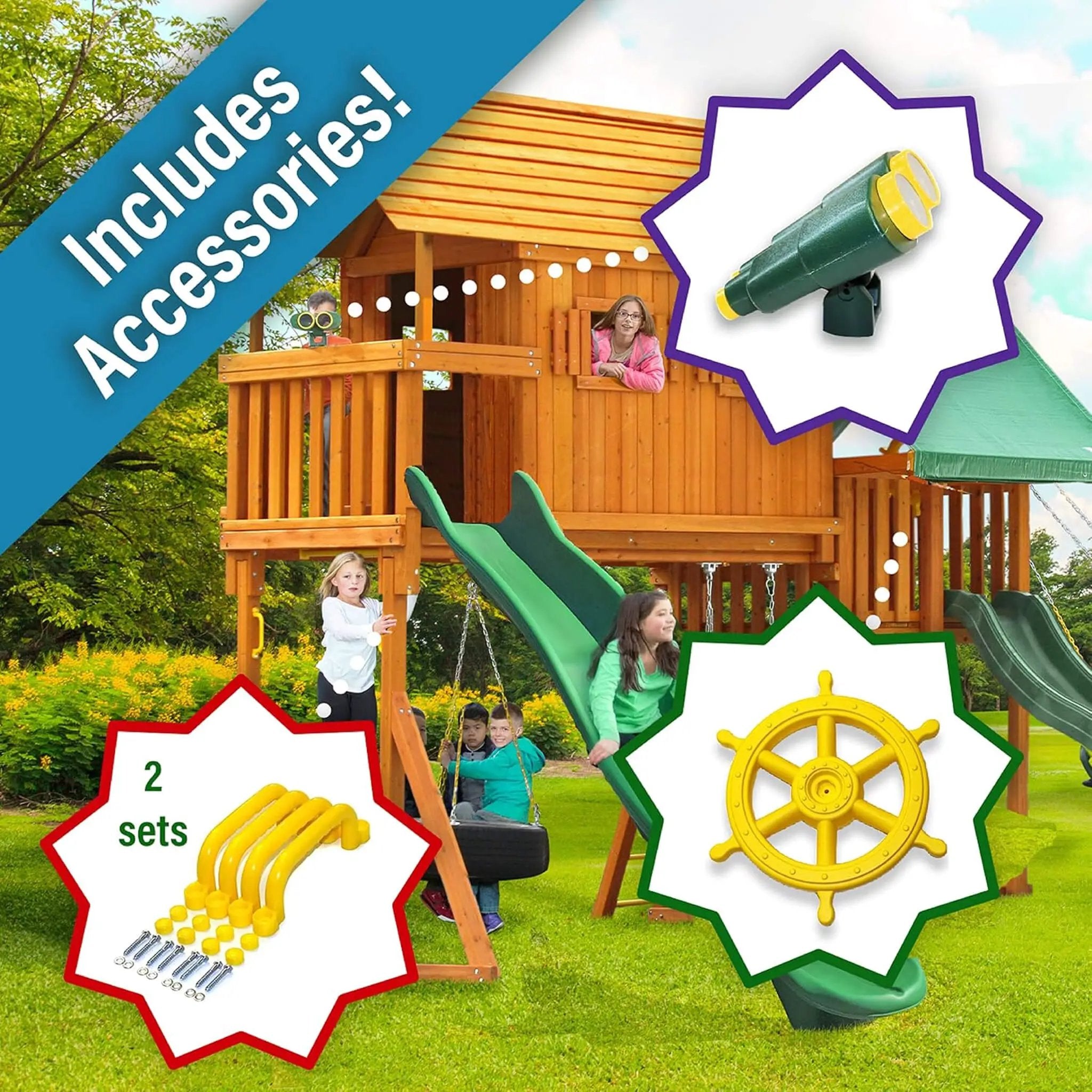 Premium Cedar Wood Tree House Swing Set With Clubhouse, Wave Slide And Scoop Slide (SAK30746) by SAKSBY WHOLESALE