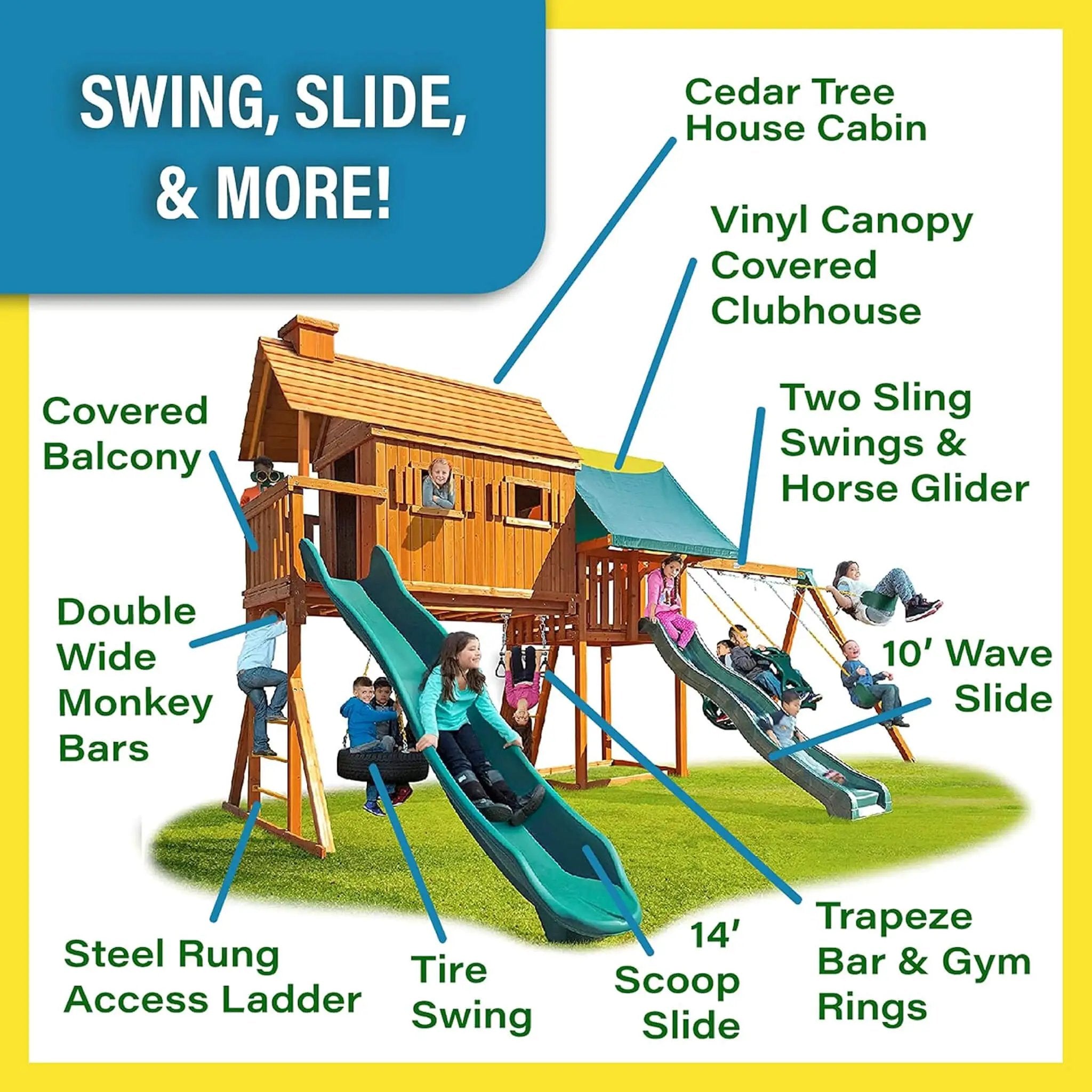 Premium Cedar Wood Tree House Swing Set With Clubhouse, Wave Slide And Scoop Slide (SAK30746) by SAKSBY WHOLESALE