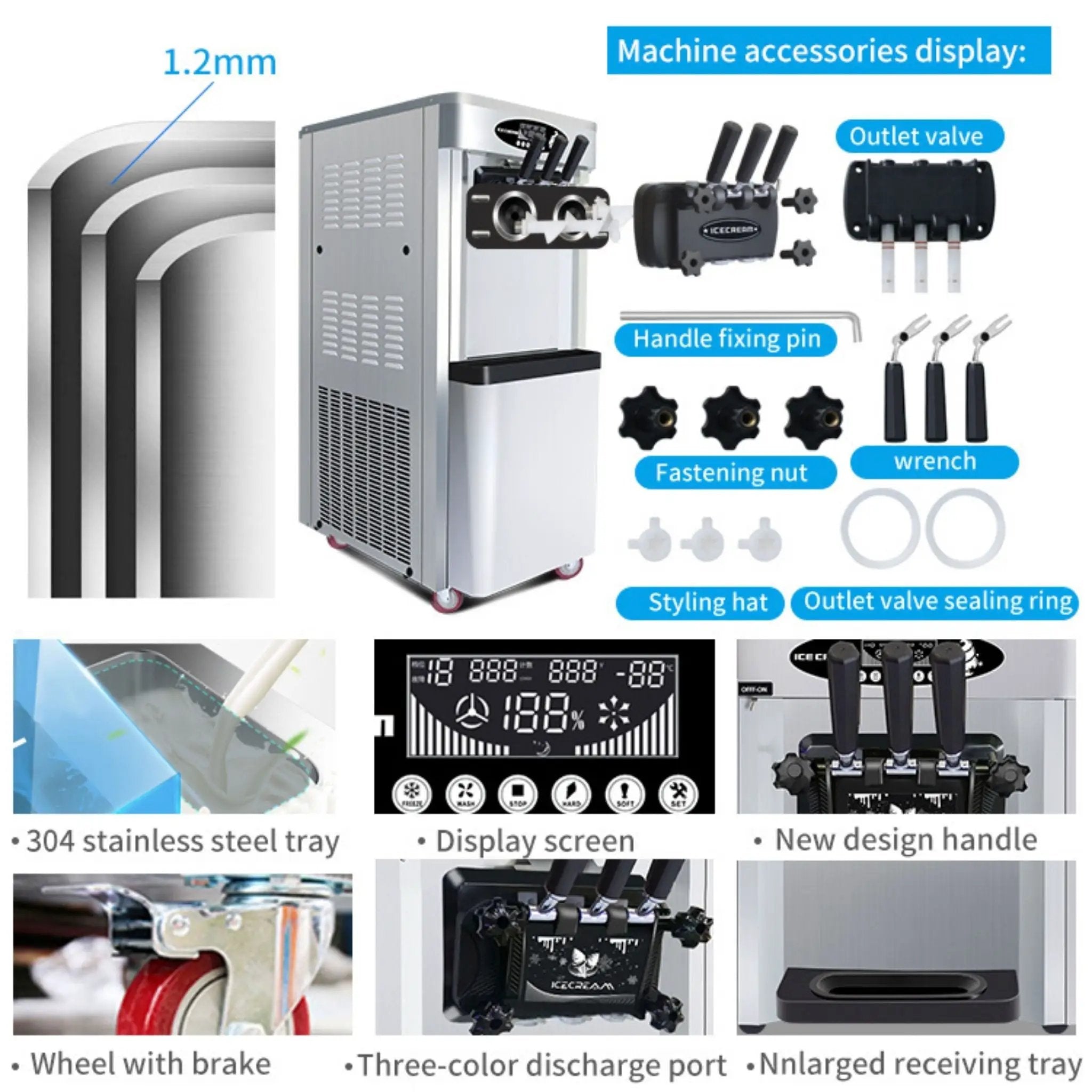 Commercial 25-30L/H Vertical 2000W 3-Flavor Soft Ice Cream Machine With Dual 6L Hoppers (SAK93406) by SAKSBY WHOLESALE