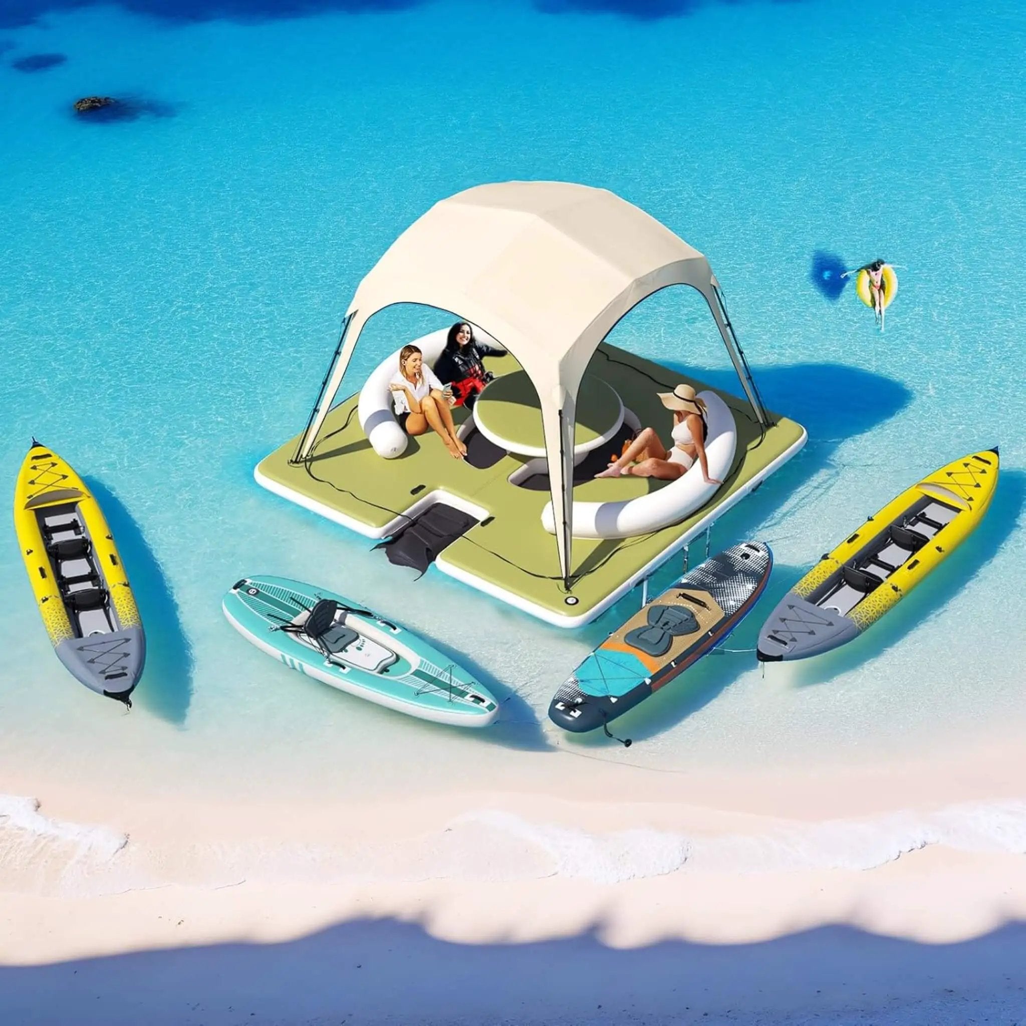 [11X11FT] Premium Floating Dock Lounge With With Ladder, Double Seats, Table, And Canopy (SAK49273) by SAKSBY WHOLESALE