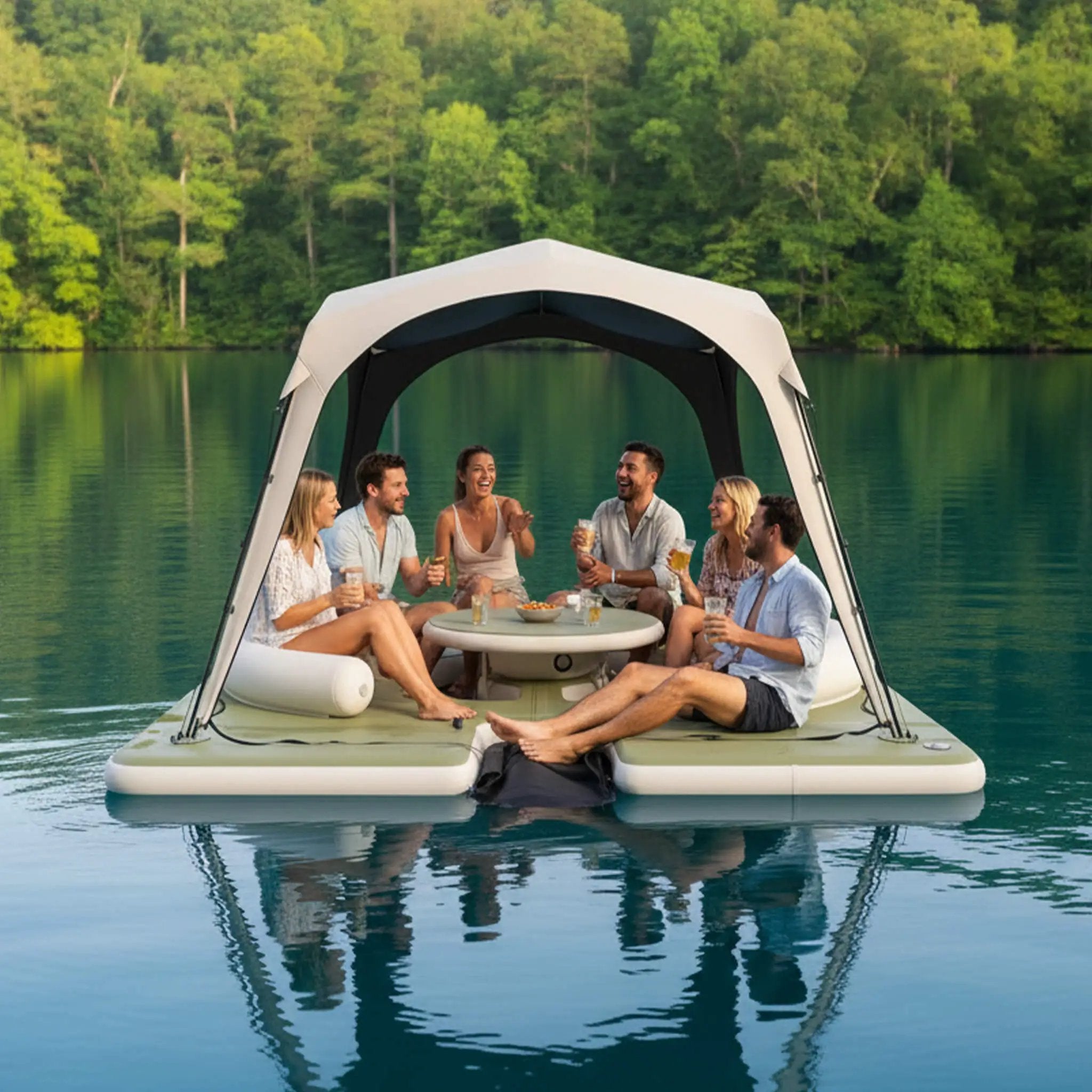 [11X11FT] Premium Floating Dock Lounge With With Ladder, Double Seats, Table, And Canopy (SAK49273) by SAKSBY WHOLESALE