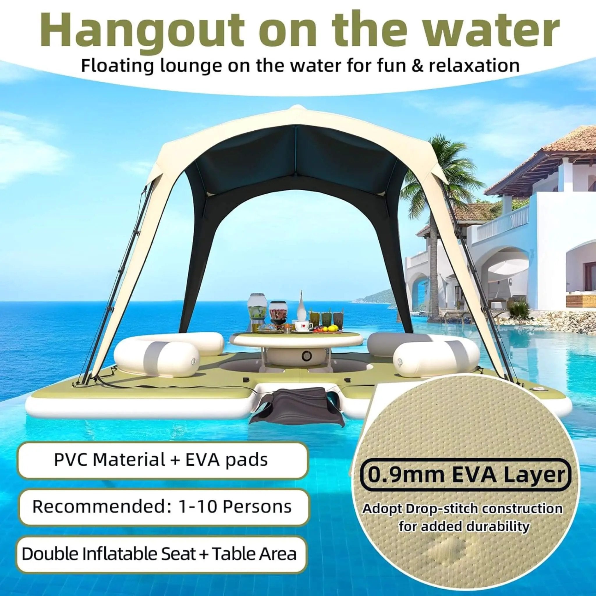 [11X11FT] Premium Floating Dock Lounge With With Ladder, Double Seats, Table, And Canopy (SAK49273) by SAKSBY WHOLESALE