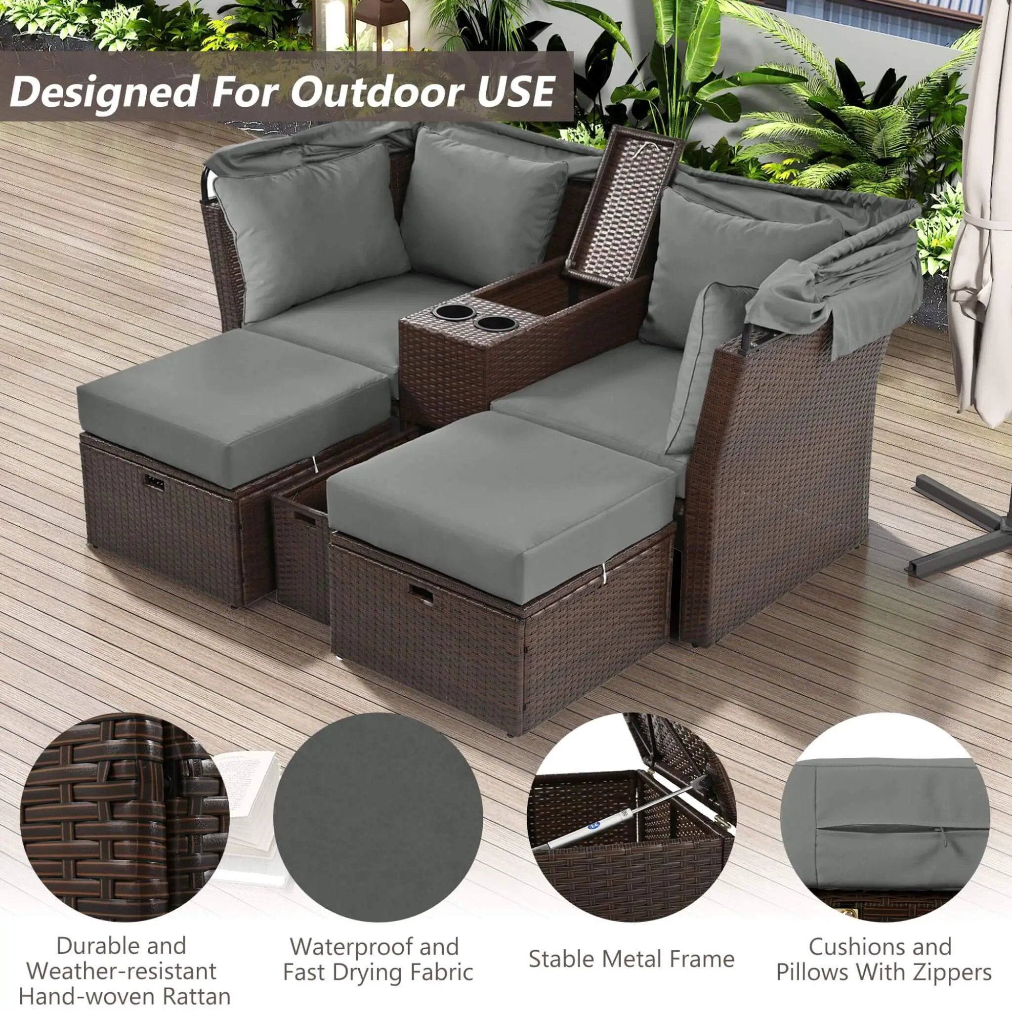 Alora Premium Outdoor 2-Seater Patio Daybed With Foldable Awning, Cushions, And Rattan Frame (SAK90233) by SAKSBY WHOLESALE