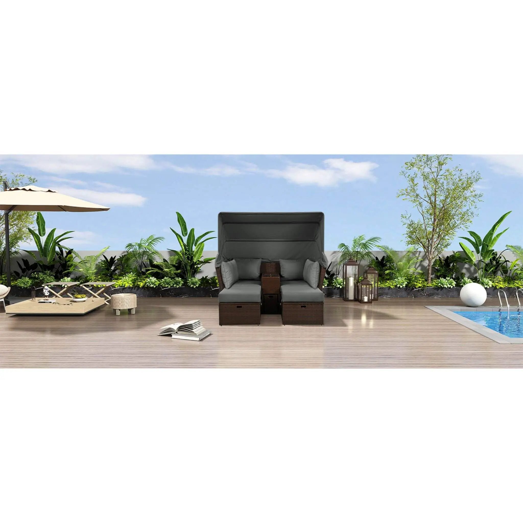 Alora Premium Outdoor 2-Seater Patio Daybed With Foldable Awning, Cushions, And Rattan Frame (SAK90233) by SAKSBY WHOLESALE