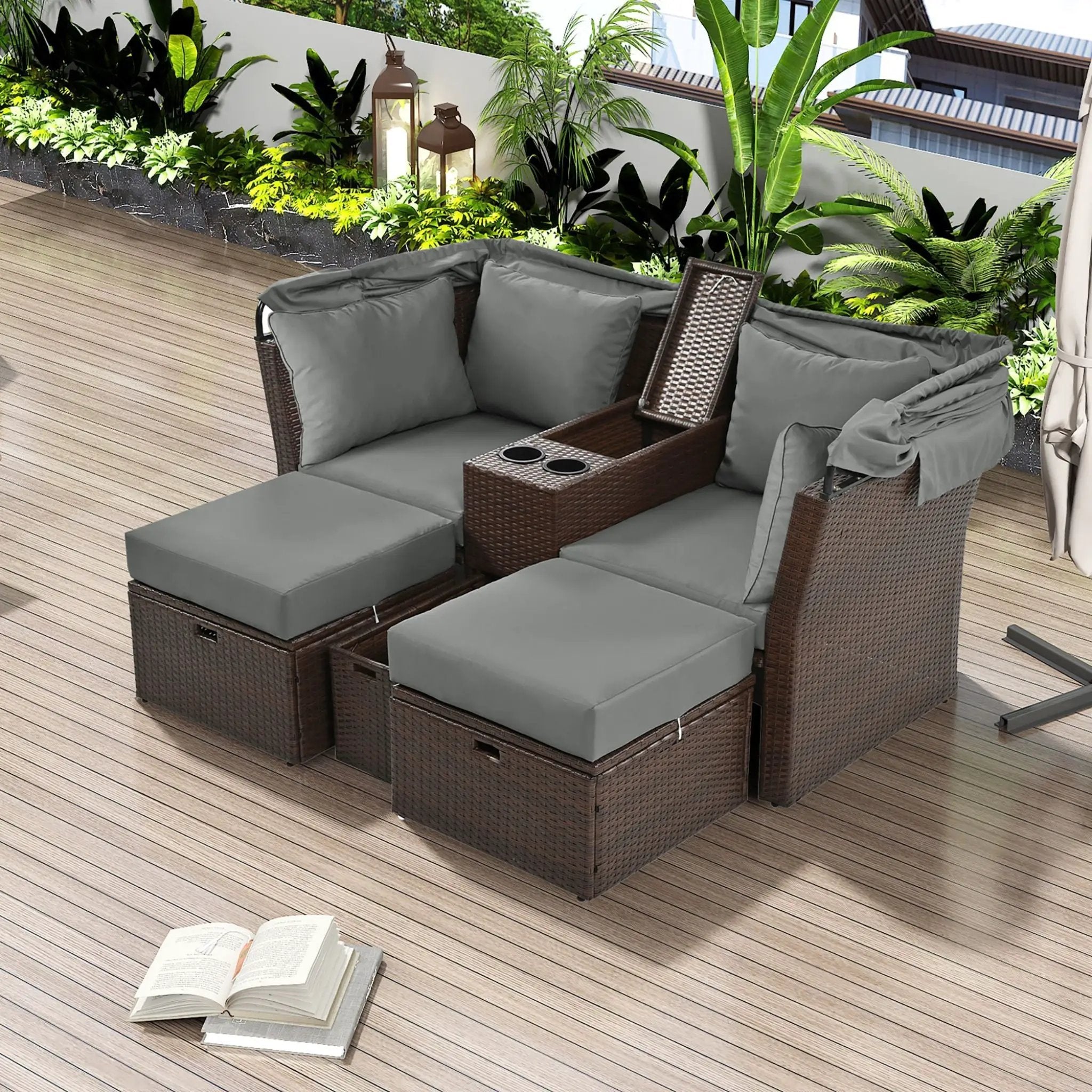 Alora Premium Outdoor 2-Seater Patio Daybed With Foldable Awning, Cushions, And Rattan Frame (SAK90233) by SAKSBY WHOLESALE