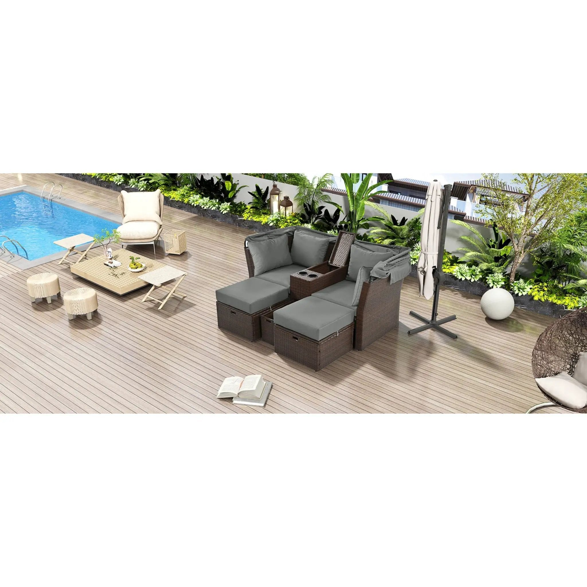 Alora Premium Outdoor 2-Seater Patio Daybed With Foldable Awning, Cushions, And Rattan Frame (SAK90233) by SAKSBY WHOLESALE