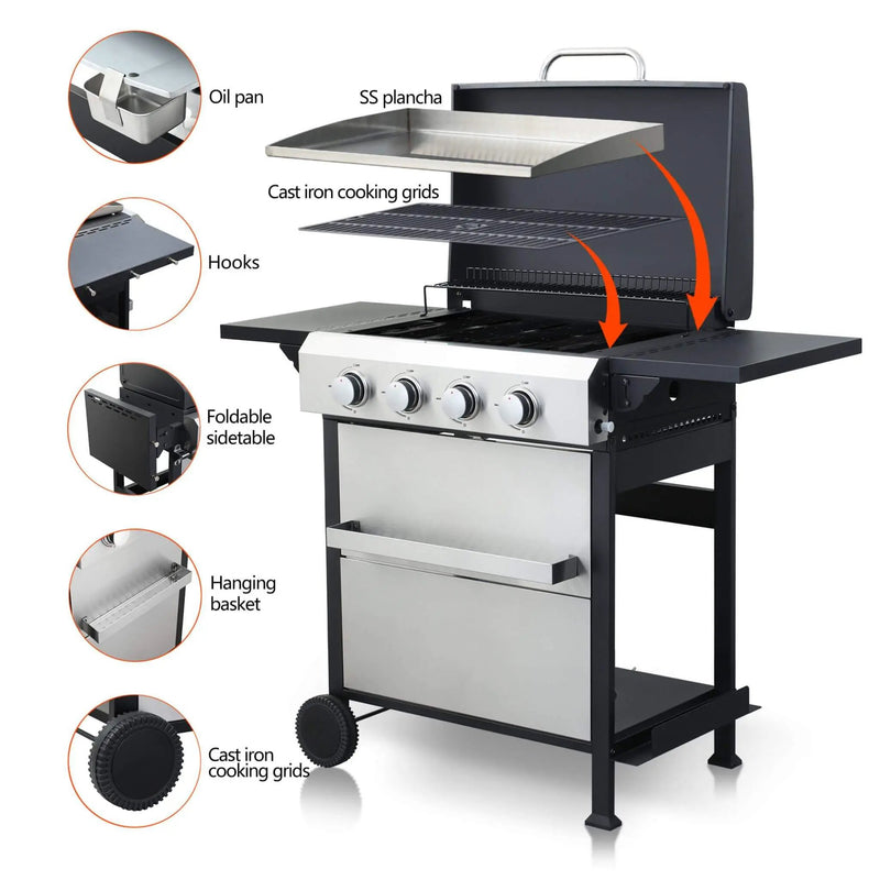 Premium Outdoor 4-Burner Propane BBQ Grill With Foldable Side Tables, Hanging Basket, And Cooking Grids (SAK53213) by SAKSBY WHOLESALE