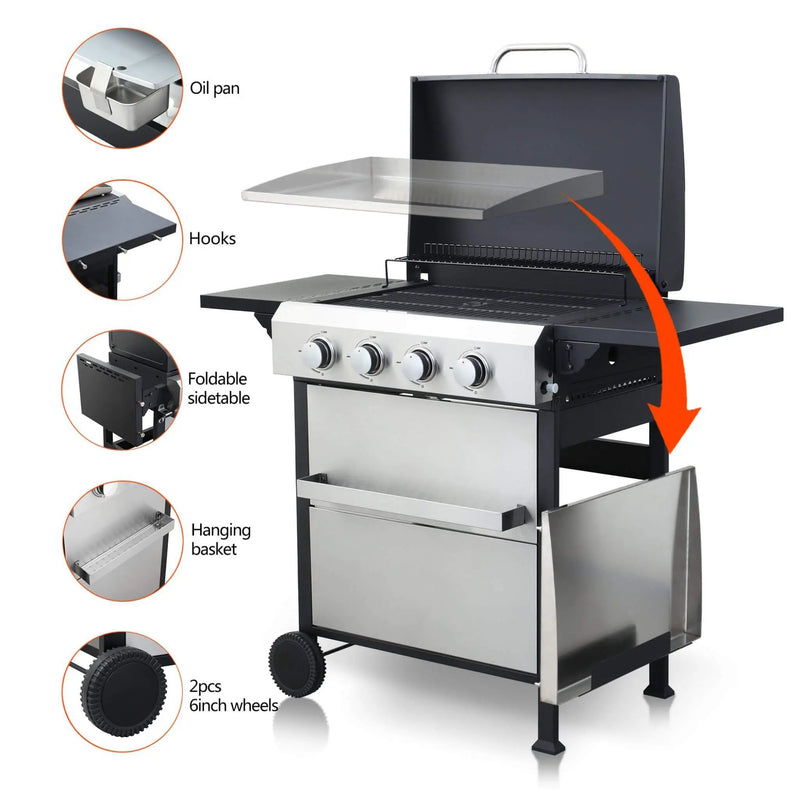 Premium Outdoor 4-Burner Propane BBQ Grill With Foldable Side Tables, Hanging Basket, And Cooking Grids (SAK53213) by SAKSBY WHOLESALE
