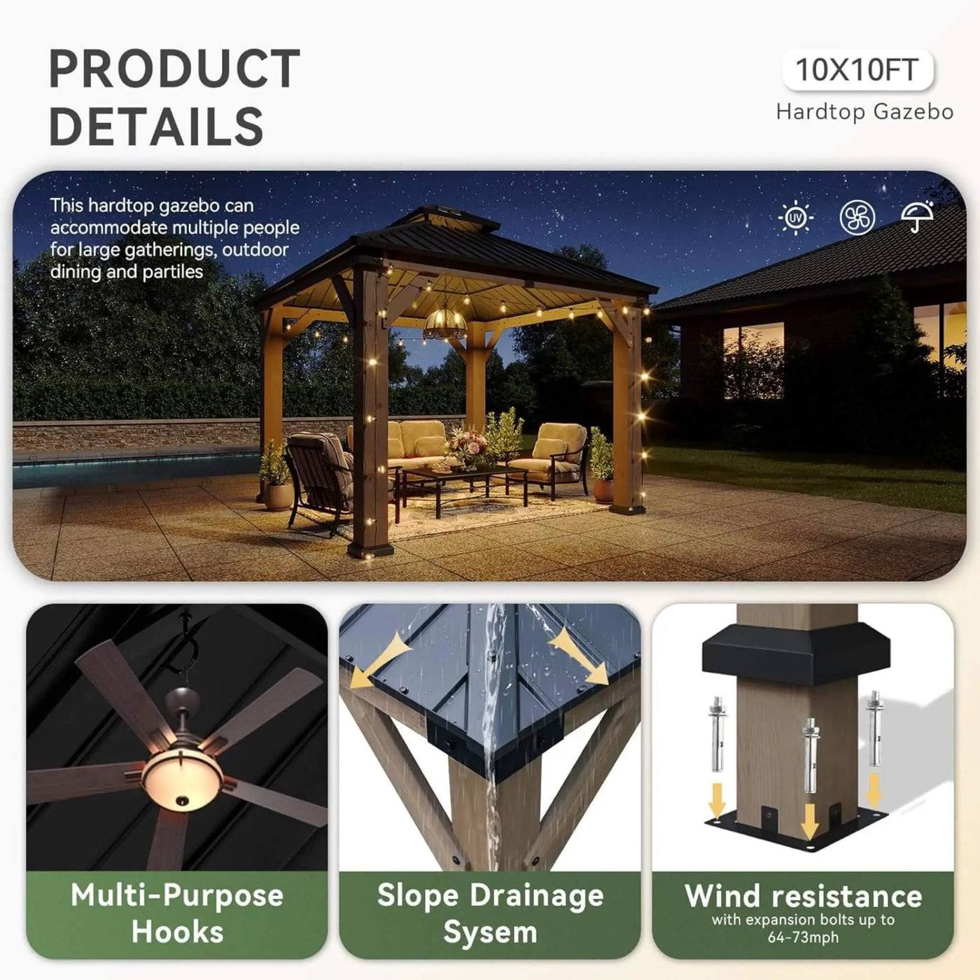 Alora Premium Outdoor Cedar Wood Galvanized Steel Hardtop Gazebo (SAK23907) by SAKSBY WHOLESALE