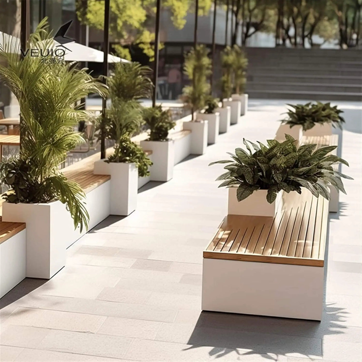 Premium Outdoor Industrial Metal Garden Bench With Wooden Seat And Planter [Made-To-Order] (SAK83951) by SAKSBY WHOLESALE