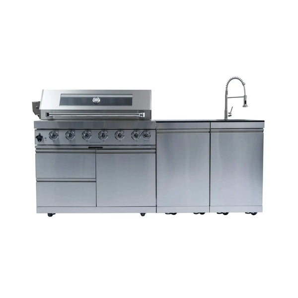 Castelle Flame Tuscany Outdoor BBQ Liquid Propane Kitchen Grill Island With 43-Inch 6-Burner 85K BTU Propane Gas Grill, Rotisserie Kit, And Storage Cabinets (SAK95623)