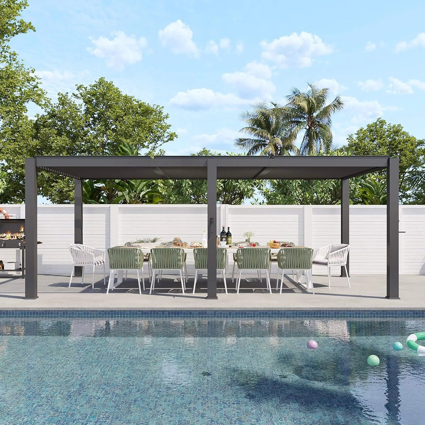 Alora Premium Gray Outdoor Metal Pergola With Louvered Roof And Drainage System (SAK76143) by SAKSBY WHOLESALE