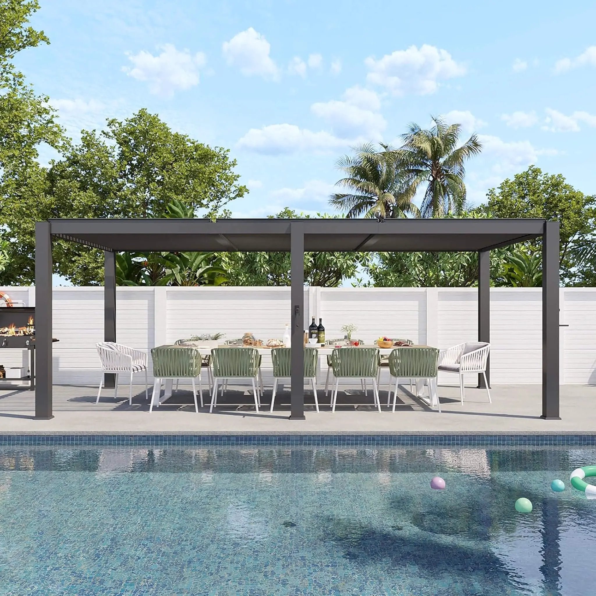 Alora Premium Gray Outdoor Metal Pergola With Louvered Roof And Drainage System (SAK76143) by SAKSBY WHOLESALE