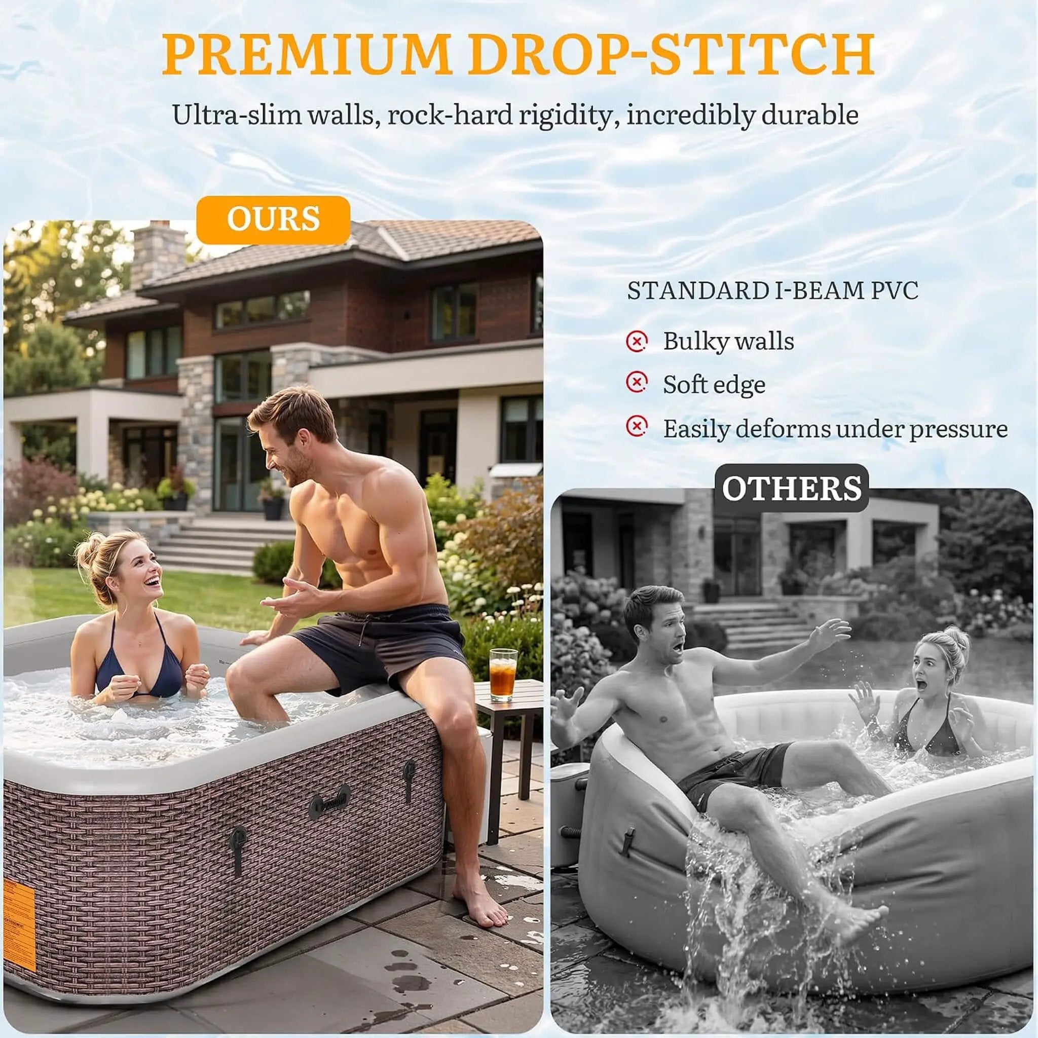 Premium 85-Inch Portable 8-Person Classic Rattan Design Inflatable Square Hot Tub With 220 Massage Jets (SAK56871) by SAKSBY WHOLESALE