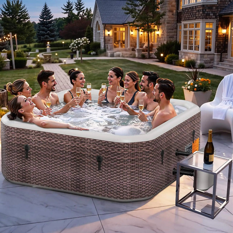 Premium 85-Inch Portable 8-Person Classic Rattan Design Inflatable Square Hot Tub With 220 Massage Jets (SAK56871) by SAKSBY WHOLESALE