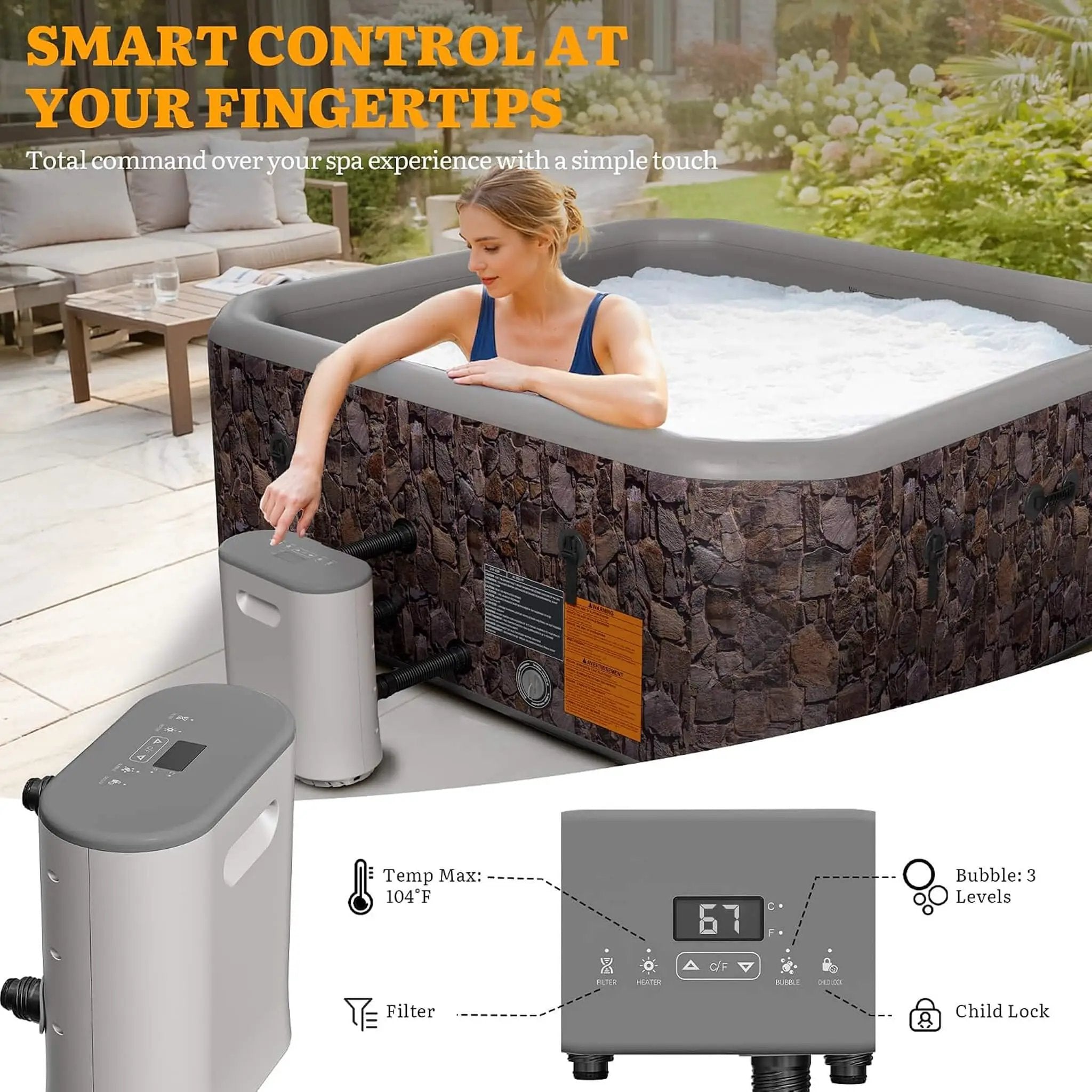 Premium 85-Inch Portable 8-Person Natural Stone Design Inflatable Square Hot Tub With 220 Massage Jets (SAK62731) by SAKSBY WHOLESALE
