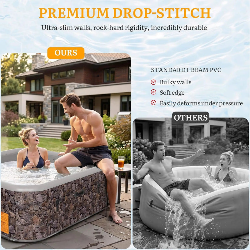Premium 85-Inch Portable 8-Person Natural Stone Design Inflatable Square Hot Tub With 220 Massage Jets (SAK62731) by SAKSBY WHOLESALE