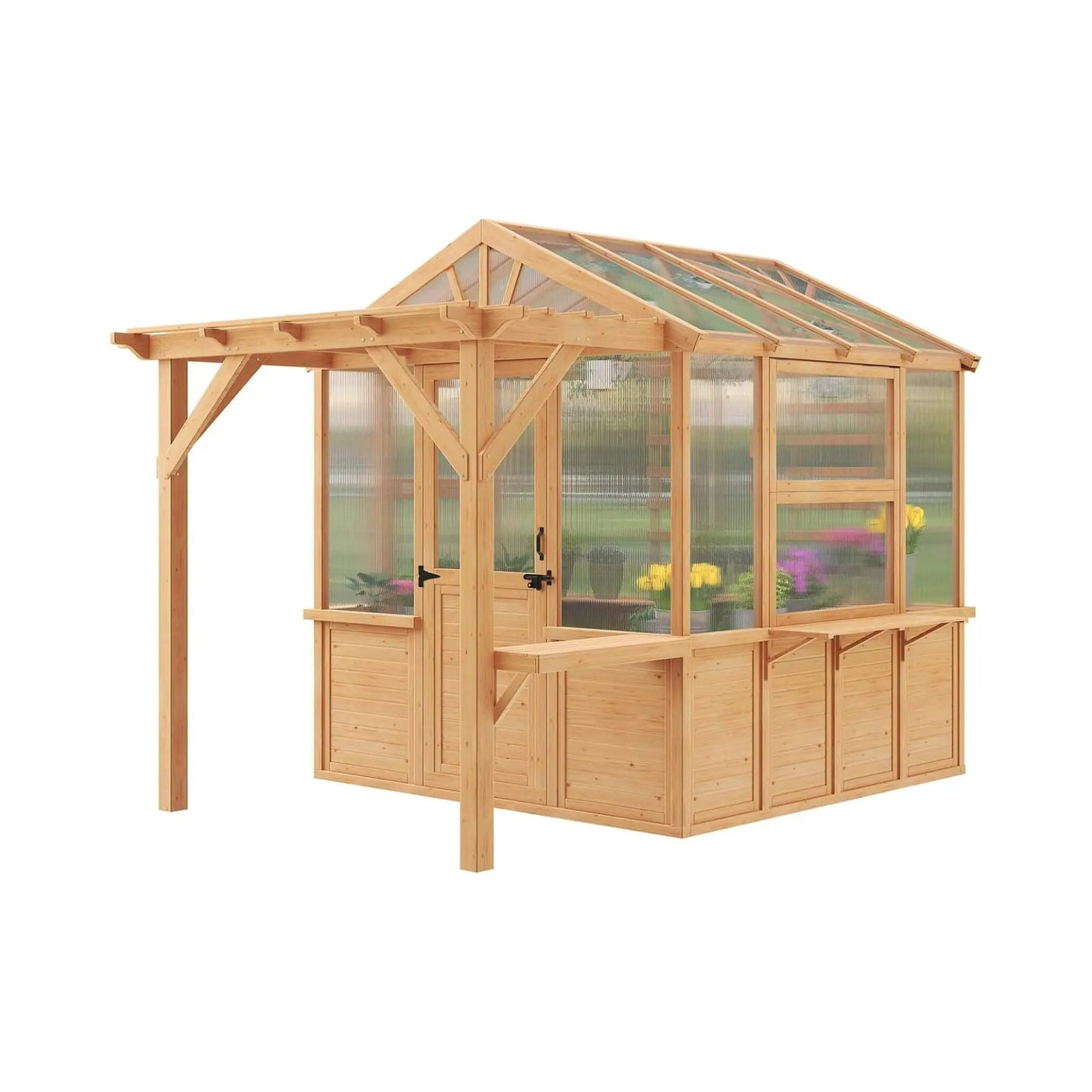 Premium Walk-In Spruce Wood Greenhouse With Pergola And Shelves (SAK75890) by SAKSBY WHOLESALE