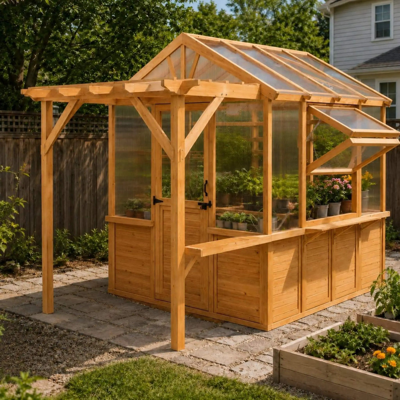 Premium Walk-In Spruce Wood Greenhouse With Pergola And Shelves (SAK75890) by SAKSBY WHOLESALE
