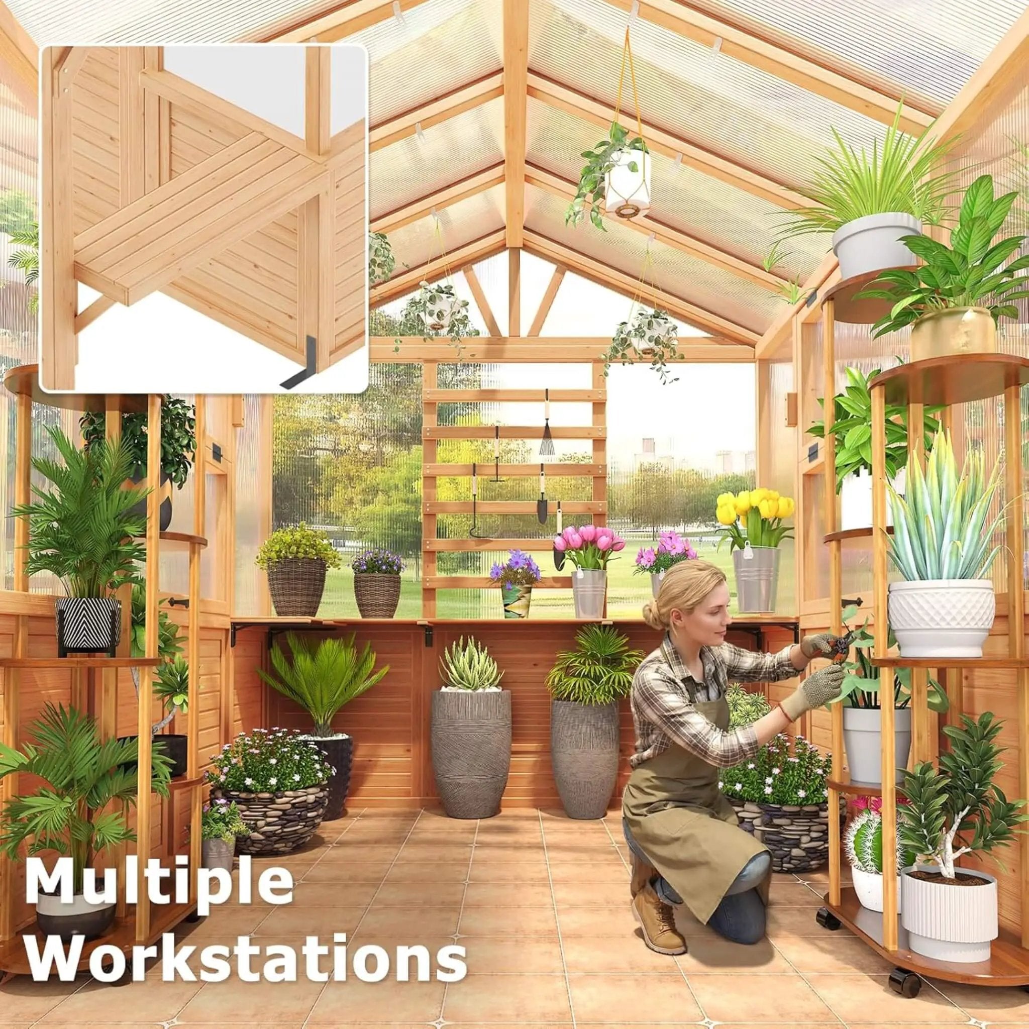 Premium Walk-In Spruce Wood Greenhouse With Pergola And Shelves (SAK75890) by SAKSBY WHOLESALE