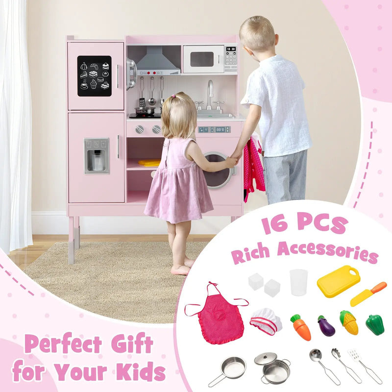 Pretend Play Kitchen for Kids with 16 Pieces Accessories-Pink by DirectDeals