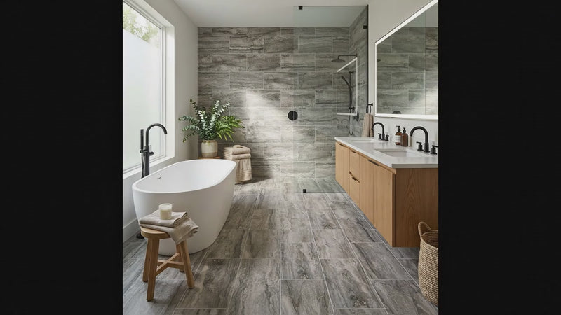 A modern bathroom interior with gray stone-look floor and wall tiles, a freestanding white bathtub by a window, a wood vanity with white countertop, black faucets, a glass shower enclosure, and a large mirror.