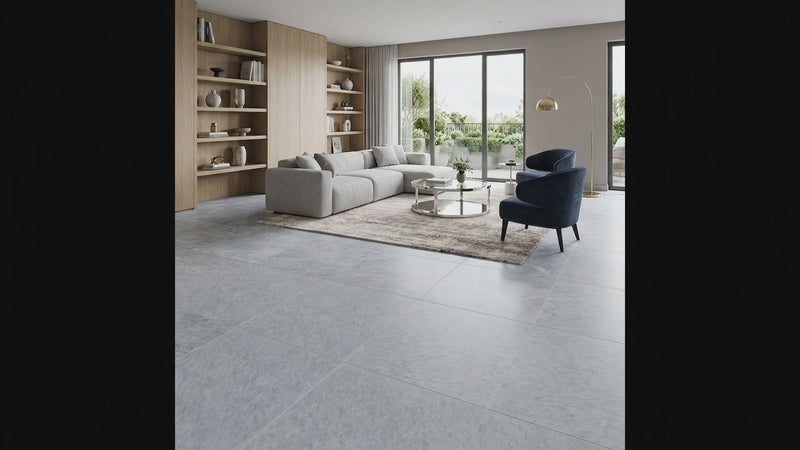 Modern living room featuring large-format Diamond Blue honed marble floor tiles in soft gray-blue tones with natural veining.