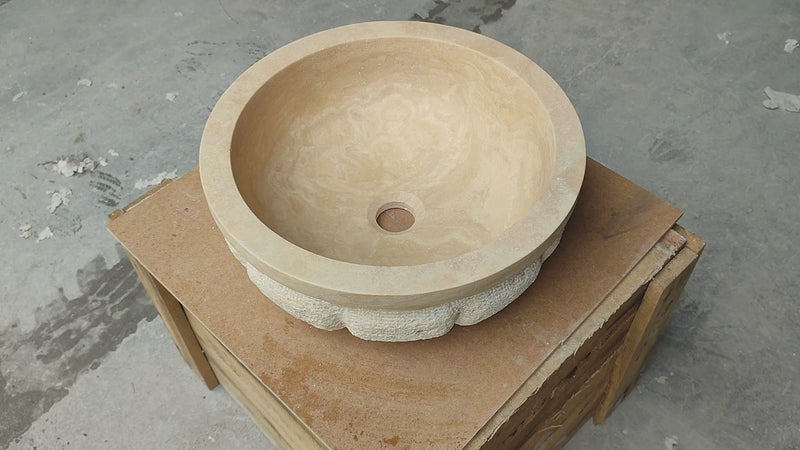 Light Travertine Pumpkin Shaped Vessel Sink Handcrafted 16x6 Inches