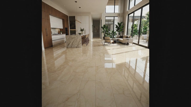 Large-format beige marble-look floor tiles in a modern, high-end open concept living space with a kitchen island, living room seating, and tall windows.