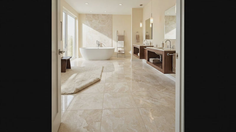 A bright, modern bathroom with large beige marble-look floor tiles, a white freestanding bathtub, double sinks with dark wood vanities, and warm neutral walls. Royale polished 24x24 beige natural stone floor tile in modern bathroom