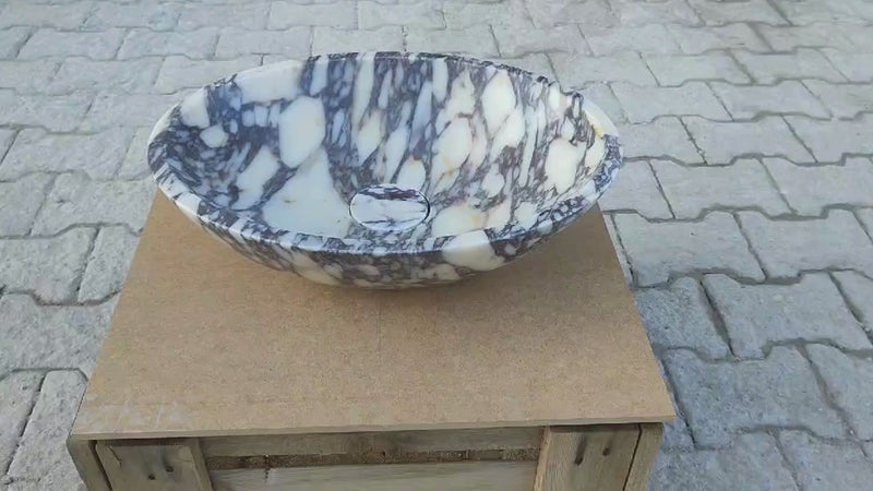 Calacatta Viola Oval White Purple Marble Handcarved Above Counter Vessel Bathroom Sink 14x18x5 Inch