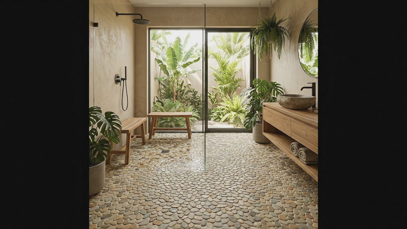 A modern bathroom interior with a pebble-tile floor, wood vanity, stone basin, glass shower enclosure, and large windows overlooking lush tropical greenery.