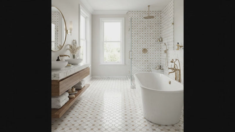 A bright, modern bathroom featuring a white freestanding bathtub, a wooden vanity with a marble countertop, and a glass walk-in shower. The walls and floor are decorated with white hexagonal mosaic tiles with subtle gold/beige outlines, and the fixtures are in a warm brass/gold finish.