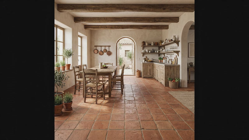 A rustic, warm-toned kitchen and dining room interior with terracotta tile floors, exposed wooden ceiling beams, a wooden dining table and chairs, and a wooden kitchen cabinet area with shelves and potted plants.