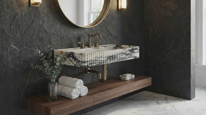 Hand Sculpted Polished Calacatta Viola Fluted Marble Wall Mount Rectangular Bathroom Sink White Gray