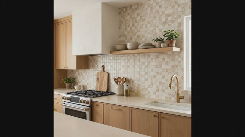 A modern kitchen interior with light wood cabinets, a beige mosaic tile backsplash, a floating wooden shelf with bowls and potted plants, a gas stove, and a gold faucet.