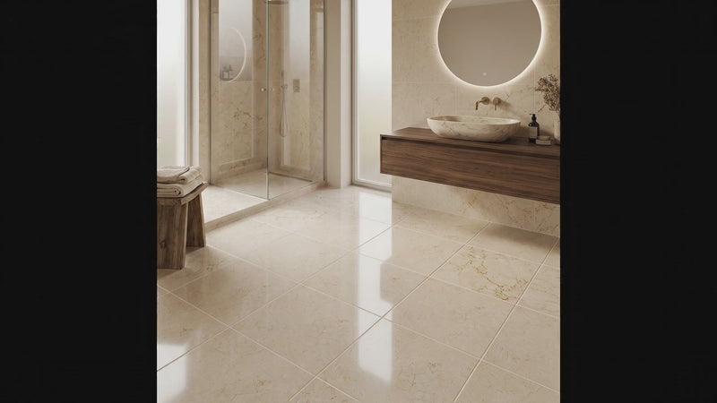 A modern bathroom interior with large light beige marble-look floor tiles, a floating dark wood vanity, a white vessel sink, and a round backlit mirror. A glass shower enclosure and folded towels are visible on the left.
