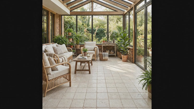 A bright sunroom or conservatory furnished with light beige woven rattan seating, neutral cushions, a wooden coffee table, and numerous potted green plants on a light stone tile floor.