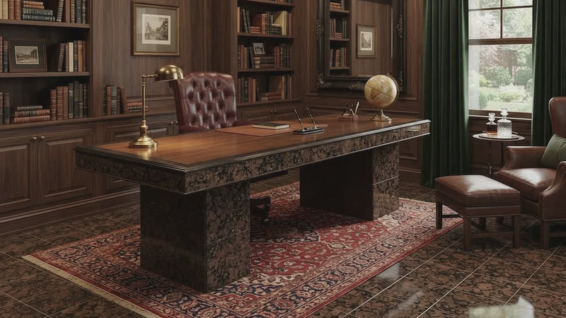 A luxury home office featuring a large wooden writing desk with a dark marble-look base, set on a red patterned oriental rug. The room is styled with dark wood bookshelves, a leather tufted chair, a leather armchair with an ottoman, and a window with dark green curtains.