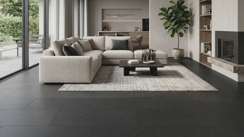 showcase video of a modern living room featuring a light beige sectional sofa arranged around a dark wood coffee table on a textured light gray rug. The room has dark charcoal tiled flooring, large floor-to-ceiling windows, a built-in fireplace, and a dining area in the background.