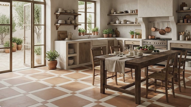 A rustic kitchen and dining room interior with terracotta and cream checkered floor tiles, a dark wood dining table with chairs, cream stucco walls, exposed dark wood ceiling beams, and large arched glass doors opening to a garden patio.