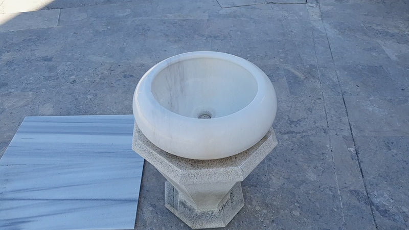Carrara White Marble Compact Round Vessel Sink 15.5 Inch Polished