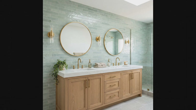 A modern double-sink bathroom vanity with light oak wood cabinets, a white marble countertop, and gold hardware, set against a glossy pale green subway tile wall with two round gold-framed mirrors.