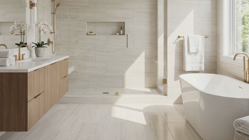 A bright, modern bathroom featuring light beige stone-look floor and wall tiles, a white freestanding bathtub with gold fixtures, a double-sink vanity, and a walk-in shower area.