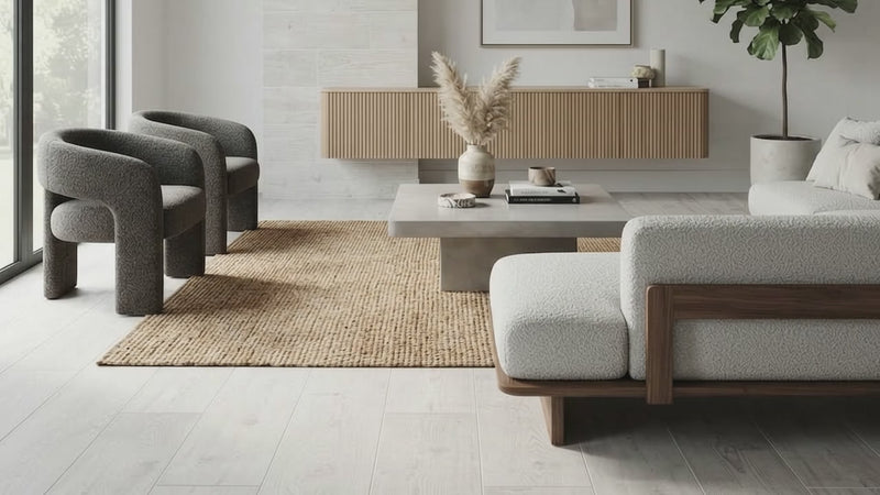 Light gray wood plank flooring in a modern, minimalist living room with a light gray sectional sofa, gray armchairs, a wooden sideboard, and a large potted plant.