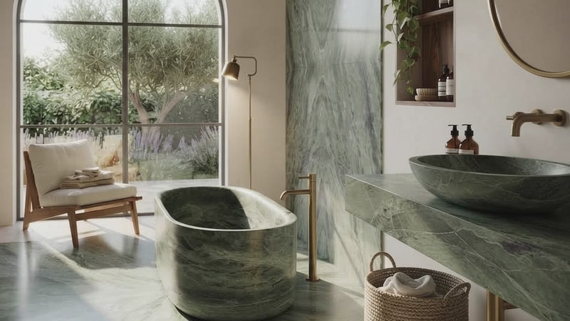 Verde Antico marble bathtub customizable and made to order