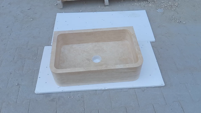 Light Travertine Farmhouse Apron Sink 18x27.5x7 - Handcrafted Turkish Stone Bathroom Faucet Set