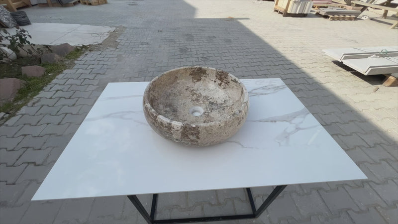 valencia beige travertine natural stone vessel sink filled and polished SKU EGEVP166 Size (D)16" (H)6" video product